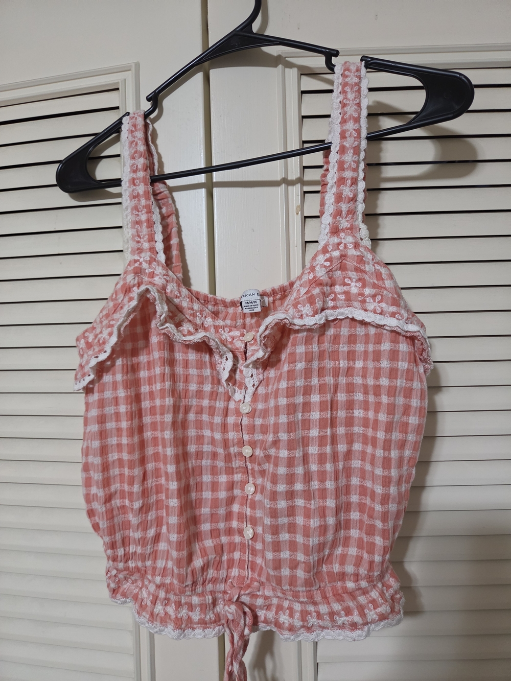 American Eagle Outfitters Coral Gingham Lace-Trim Button Cami